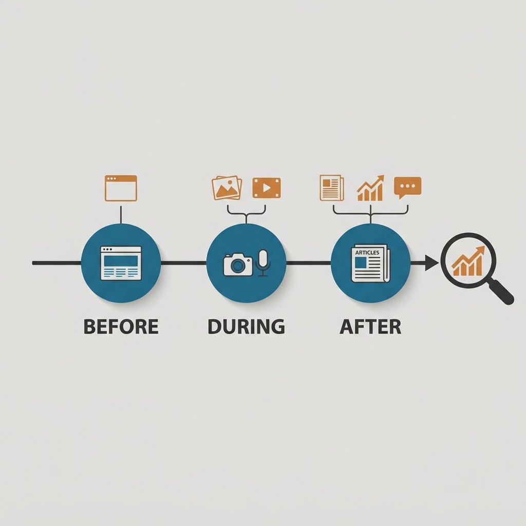 Diagram showing how a single event generates multiple search and AI visibility signals — schema markup, media coverage, partner mentions, and post-event content — radiating outward from one central event.