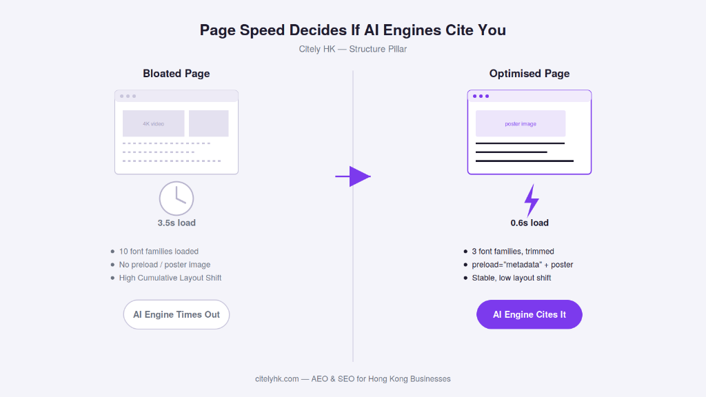 Side-by-side comparison of a bloated 3.5-second page versus an optimised 0.6-second page, showing how page speed decides whether AI engines cite you