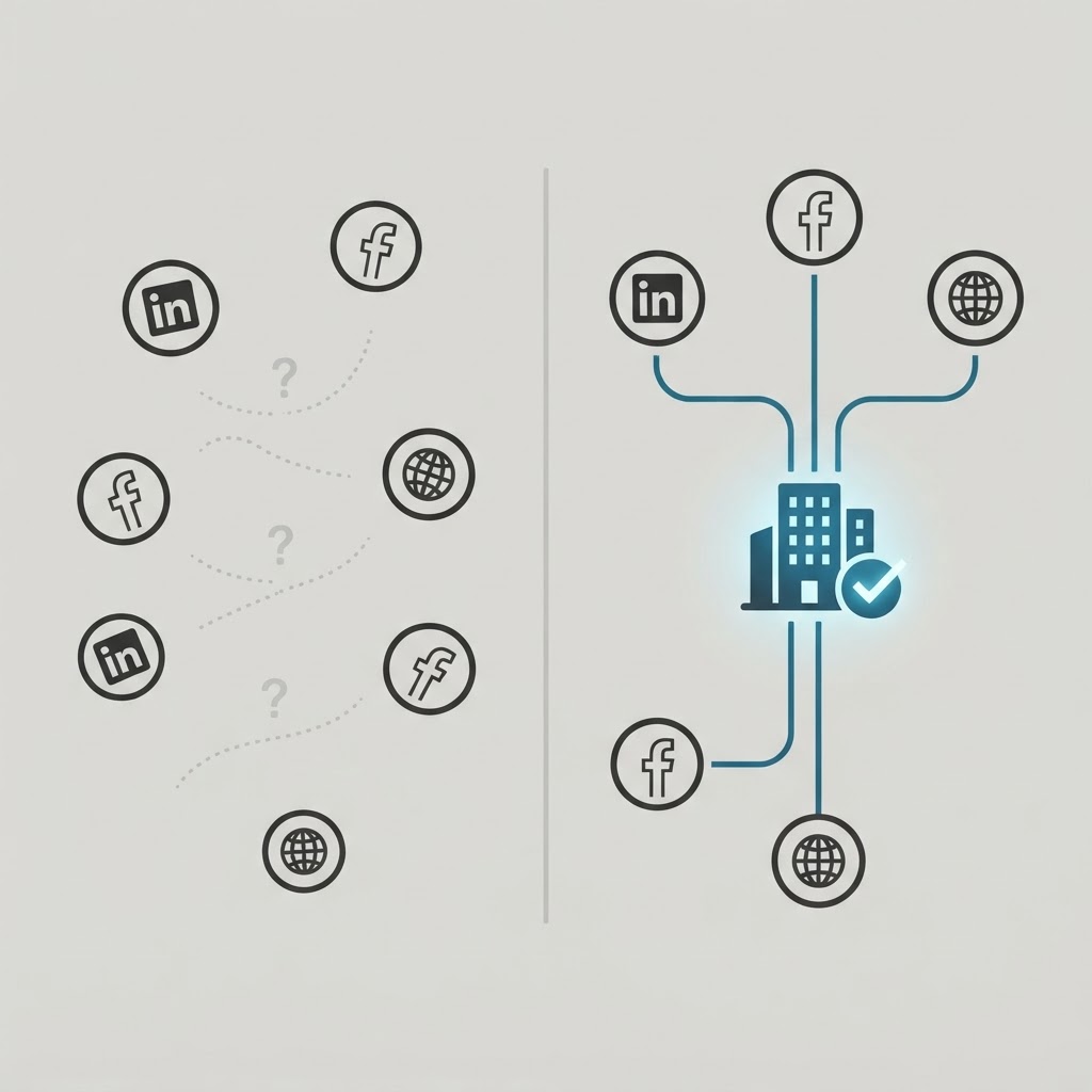 Diagram showing scattered social profiles that engines cannot connect versus profiles linked with sameAs into one verified business entity that AI engines can trust and cite