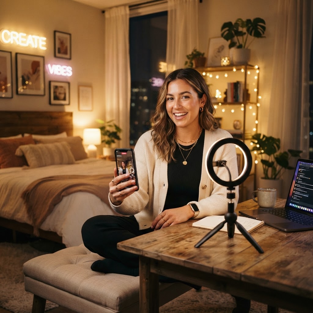 Professional video call host working from a premium home studio