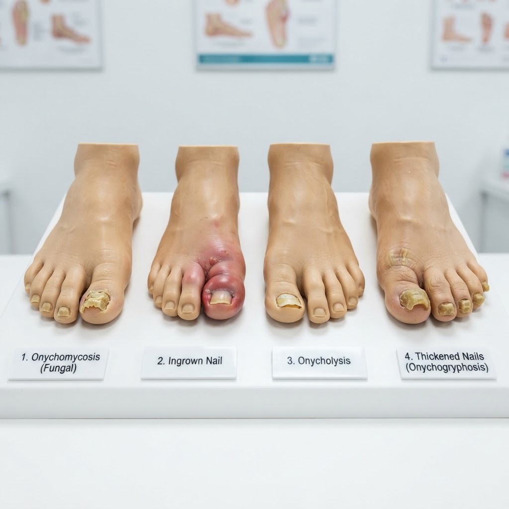 Różne choroby paznokci u stóp na modelach anatomicznych, diagnostyka podologiczna w gabinecie PODO MEDIC we Wrocławiu