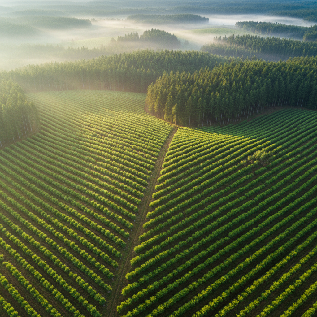 Aerial view of structured forest plantation showing geometric rows of trees at different growth stages