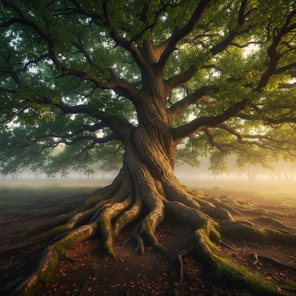Massive ancient oak tree with visible deep root system, symbolizing grounded strength and enduring growth