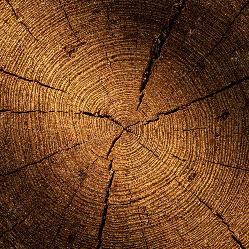 Extreme close-up of ancient tree rings showing decades of growth patterns in amber and gold