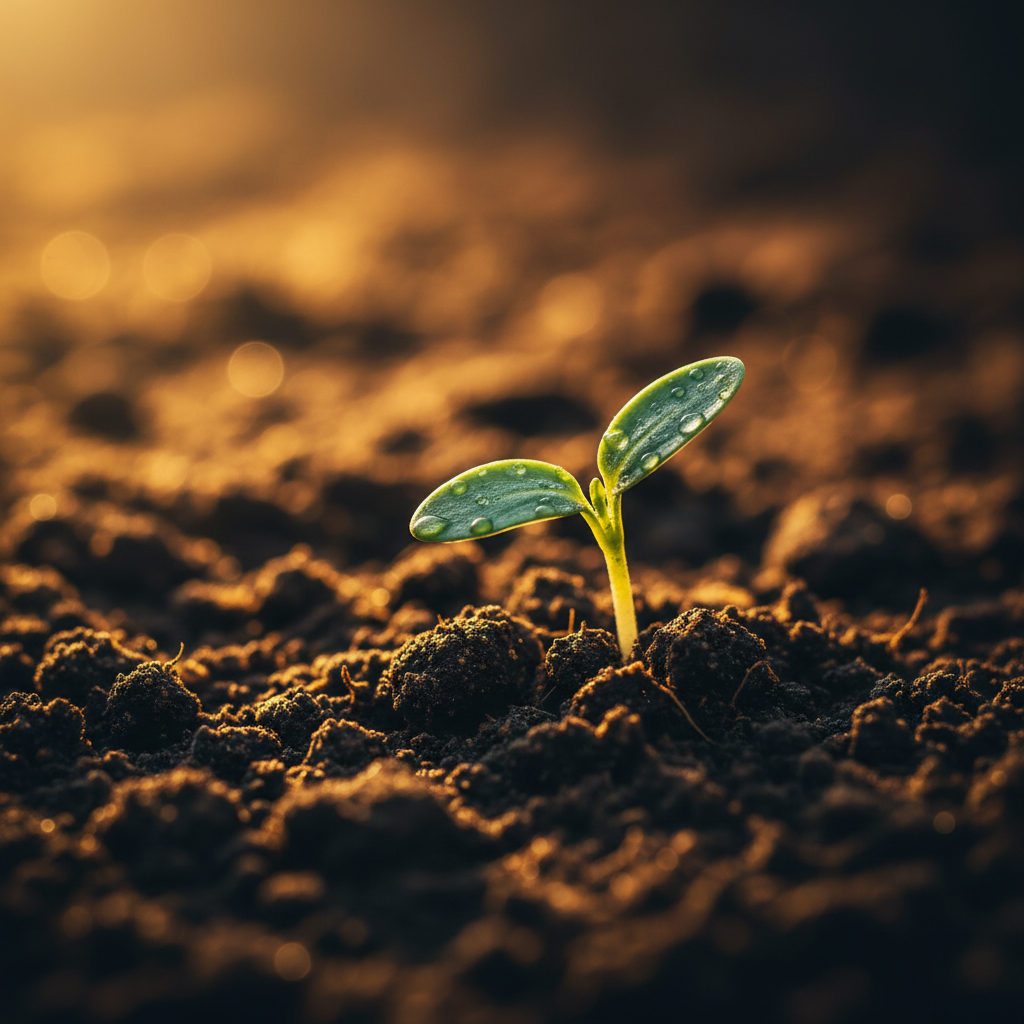 A single seedling emerging from rich soil in golden light, symbolizing the birth of lasting wealth