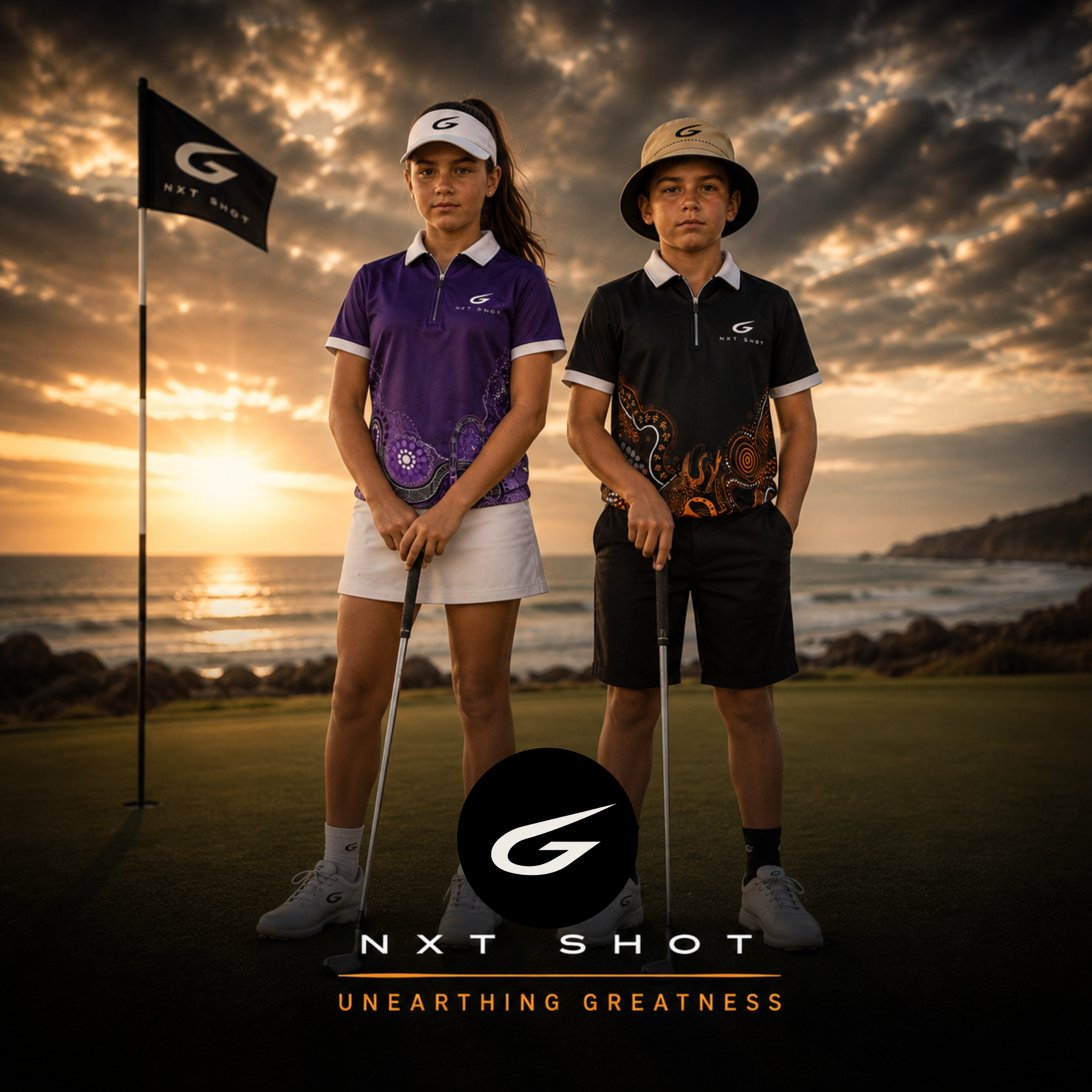FAR WEST SWING — a coach and two young Indigenous golfers on a green at sunset