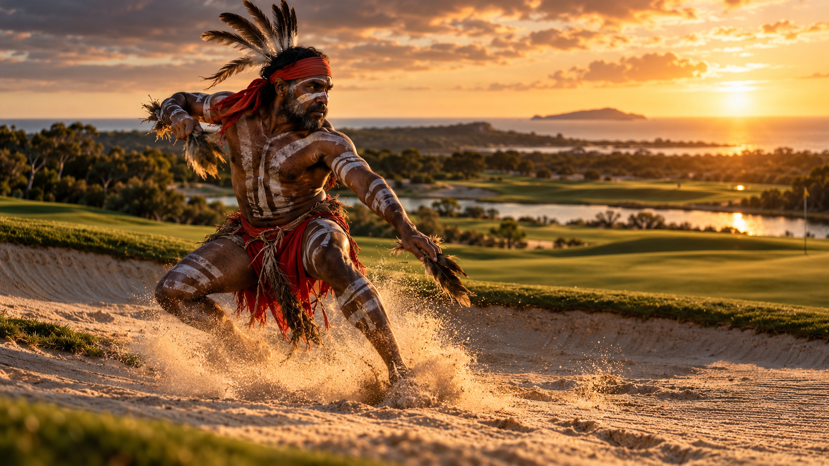 Traditional dance performed in a sand bunker on a coastal golf course at sunset