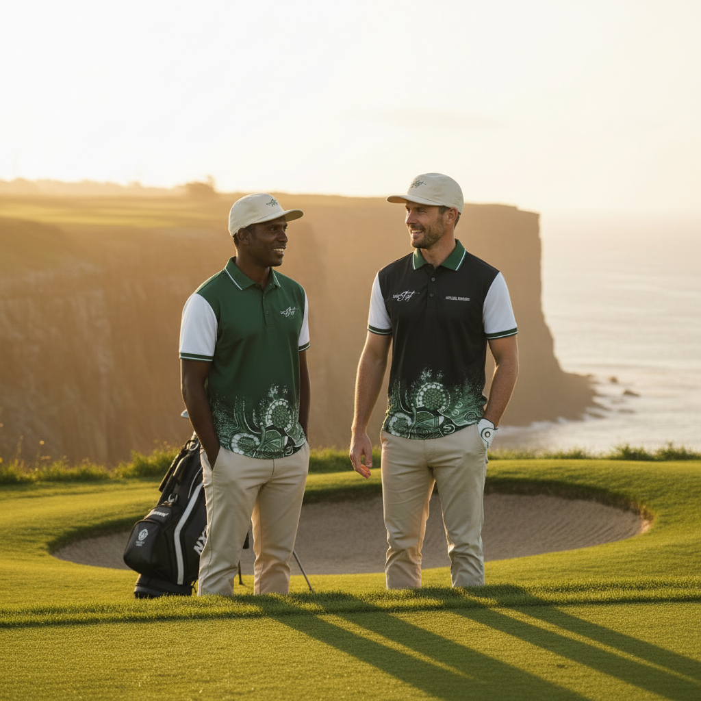 Two golfers in quiet conversation at sunrise on a cliff-side tee