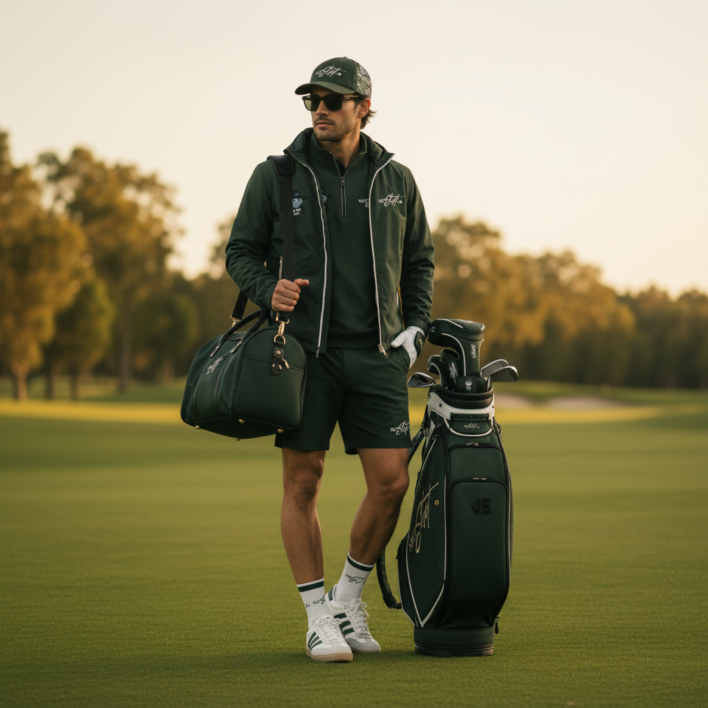 NXT SHOT member wearing full product lineup on the golf course