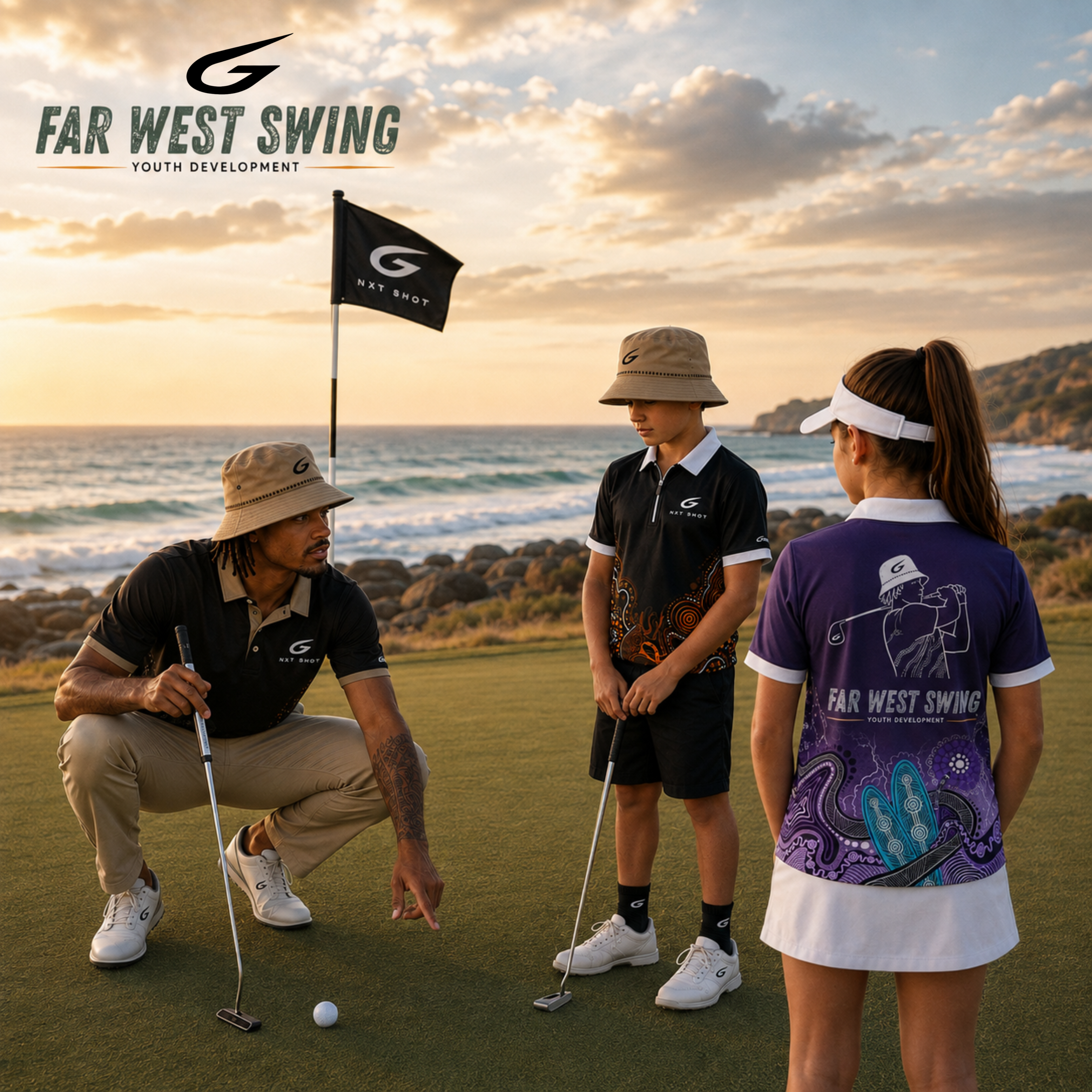 A coach mentoring two young Indigenous golfers on a green at sunset