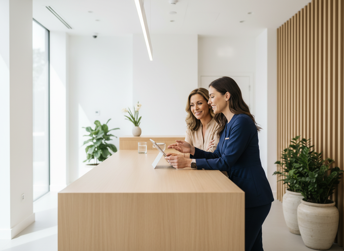 Pharmacist consulting with patient in a luxury healthcare environment