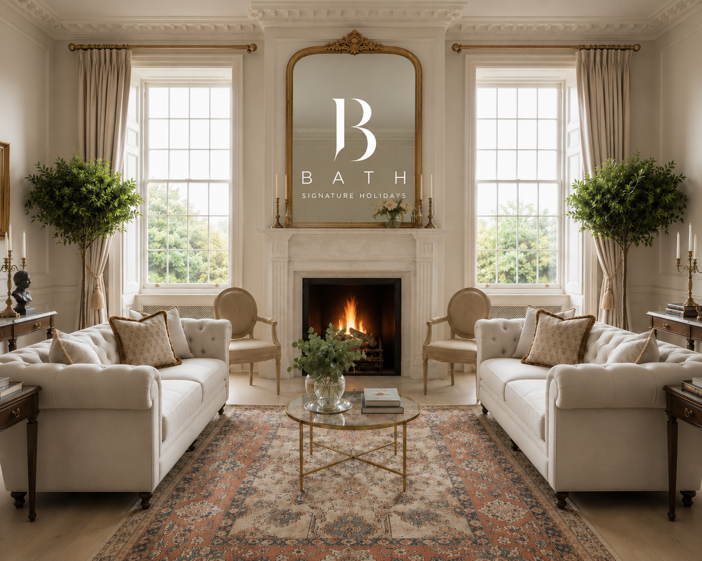 Luxurious Georgian living room with ornate mantel mirror and roaring fire
