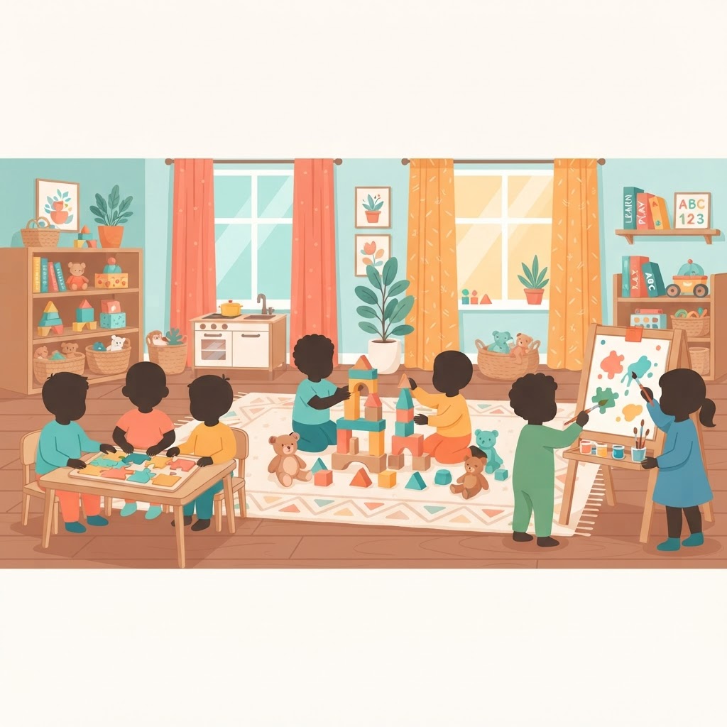 Illustration of children learning through play with puzzles, painting and building toys