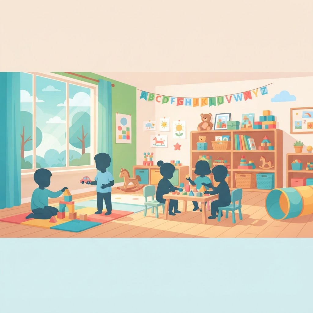 Illustration of a warm, bright nursery classroom with toys and soft natural light