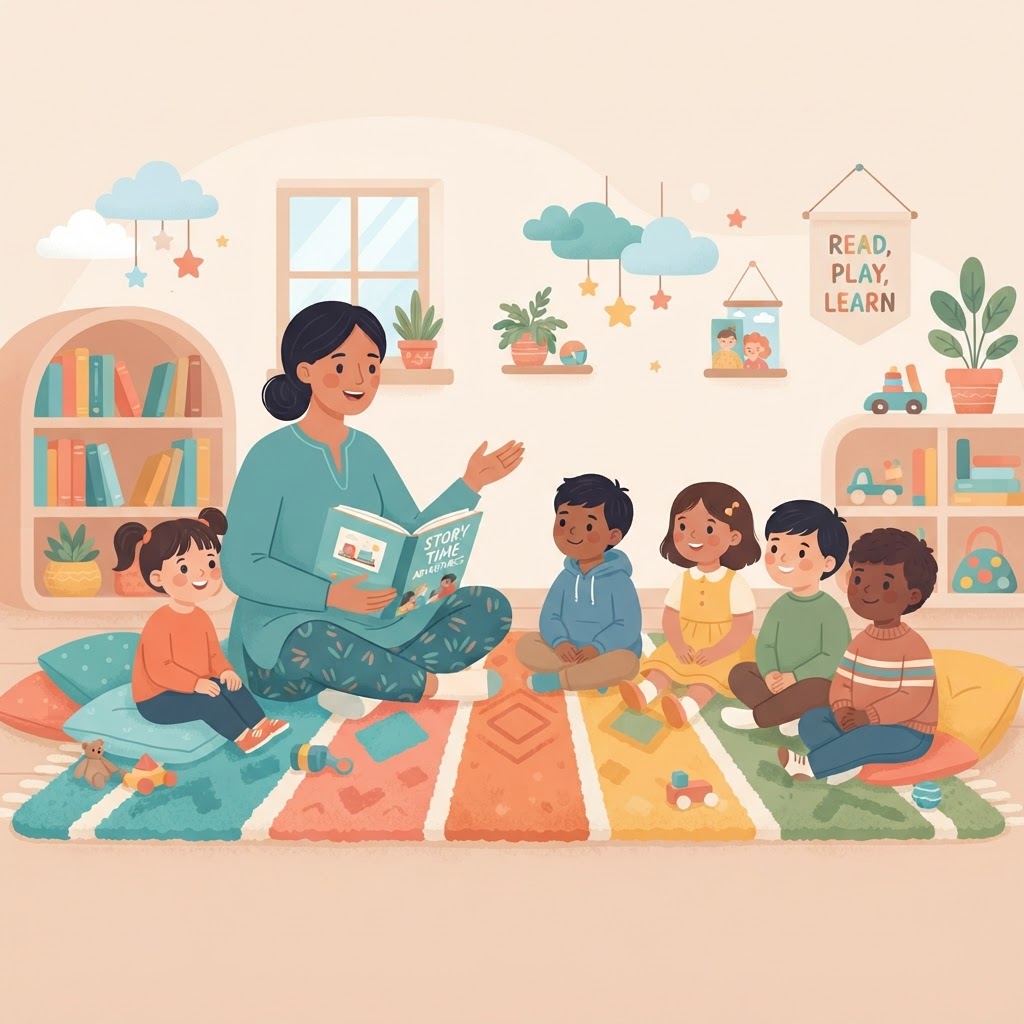 Illustration of a nursery practitioner reading a storybook to a small group of children