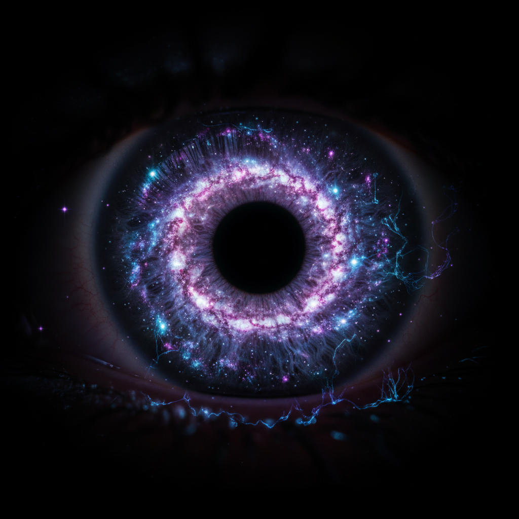 Human iris merging into a galaxy