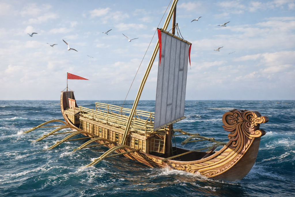 A traditional galley ship sailing across choppy blue ocean waters under a partly cloudy sky