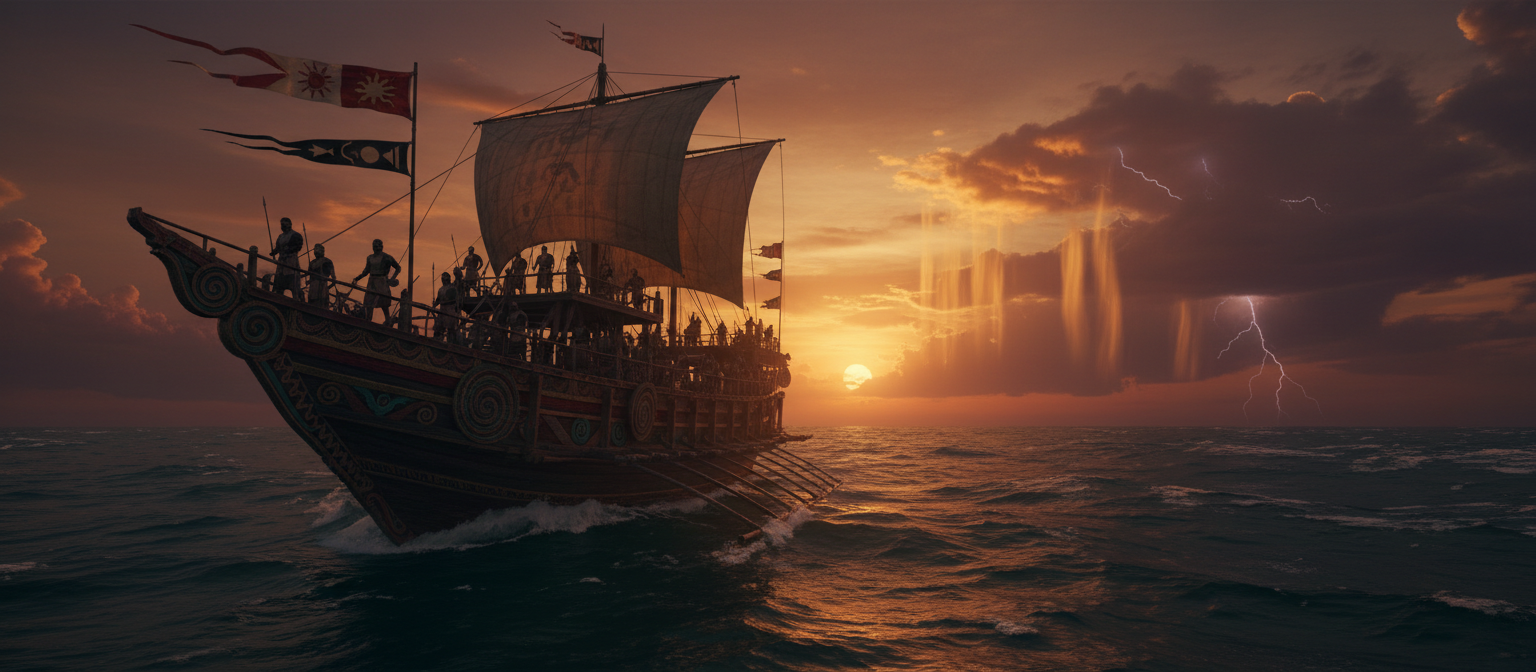 A Balangay ship sailing at twilight