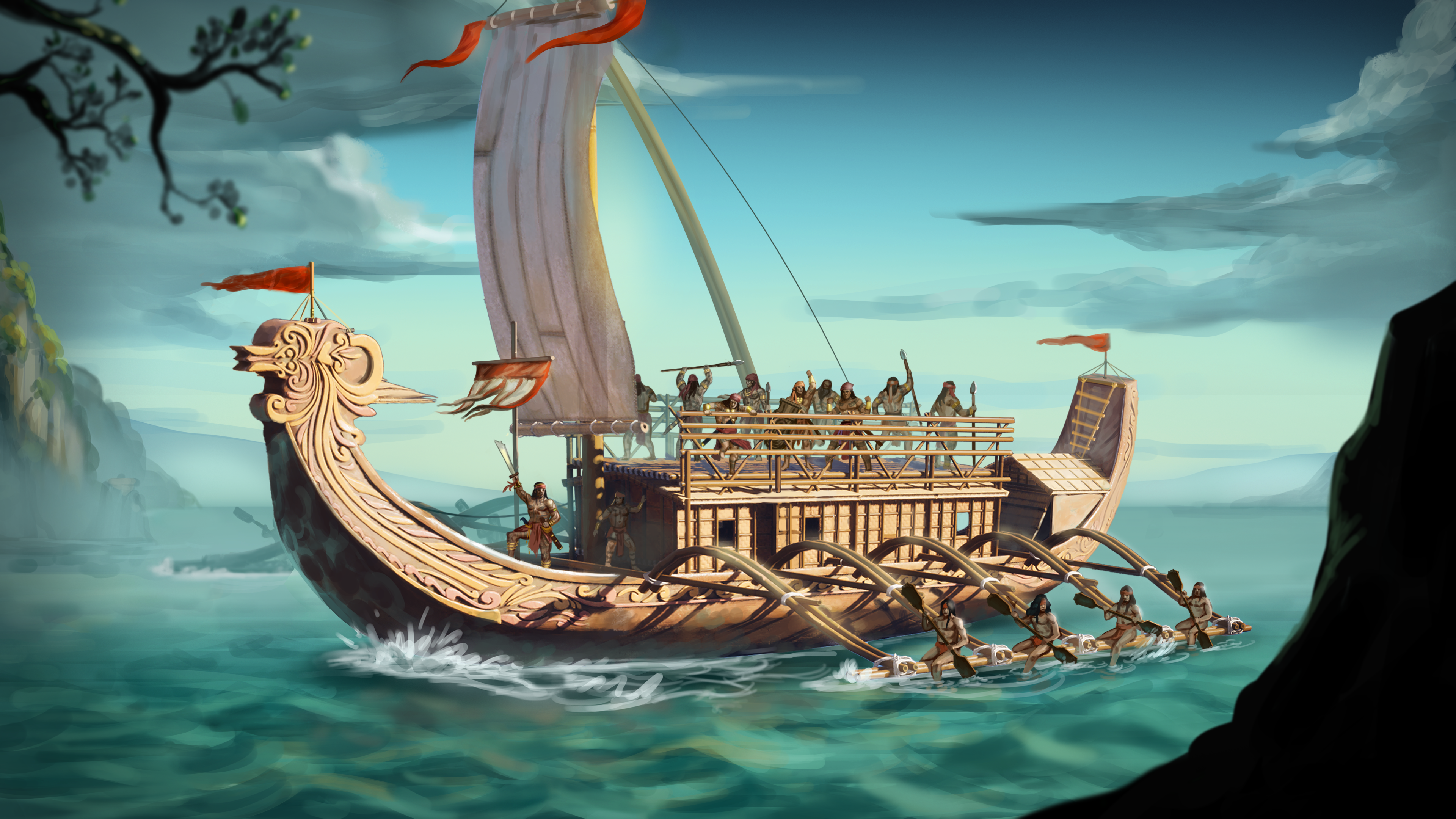 A traditional karakoa outrigger warship with warriors rowing as it sails across teal waters