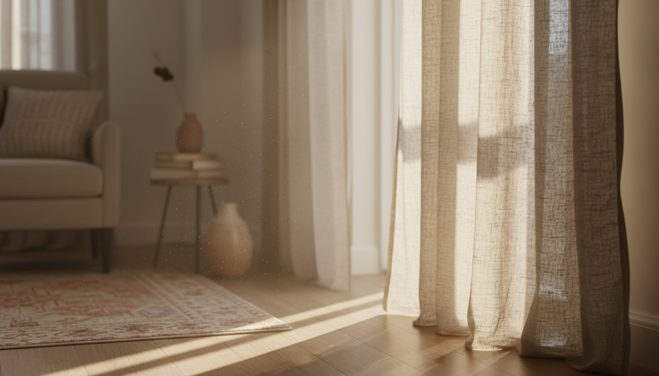Luz suave através de cortinas de linho