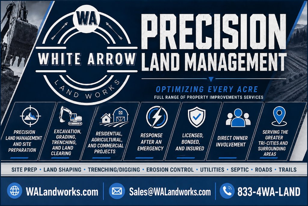 White Arrow Land Works Precision Land Management poster showing service categories including site prep, land shaping, trenching, erosion control, utilities, septic, roads, and trails