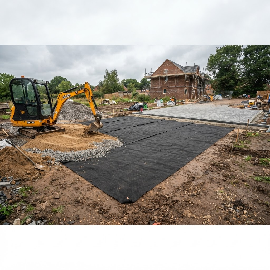 Horizontal root barrier membrane laid flat across a site before clean topsoil, paving and landscaping