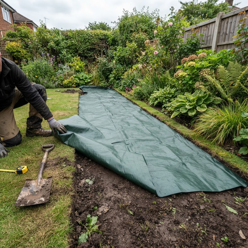 Chemical-free root barrier membrane laid out across a domestic garden