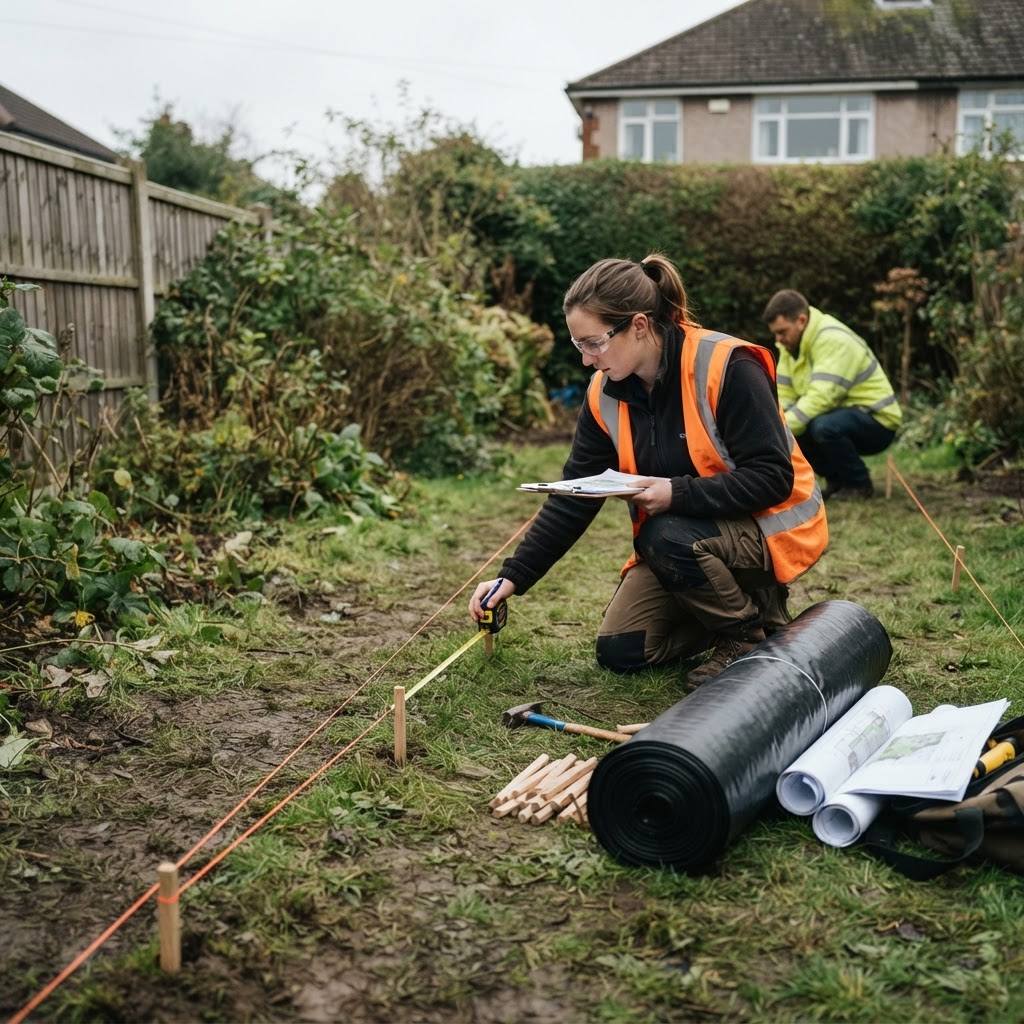 Surveyor marking out the line of a root barrier on site