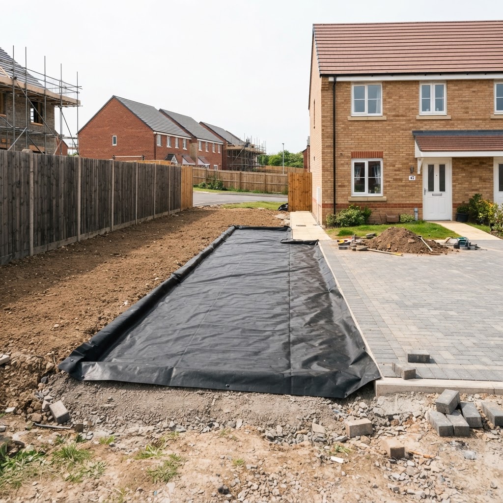 Root barrier installed on a new-build development site before paving and landscaping