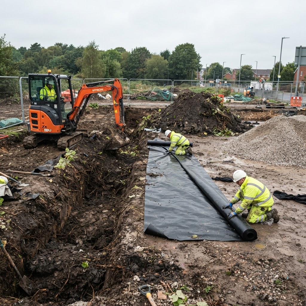 Root barrier membrane being installed alongside excavation works on a remediation site