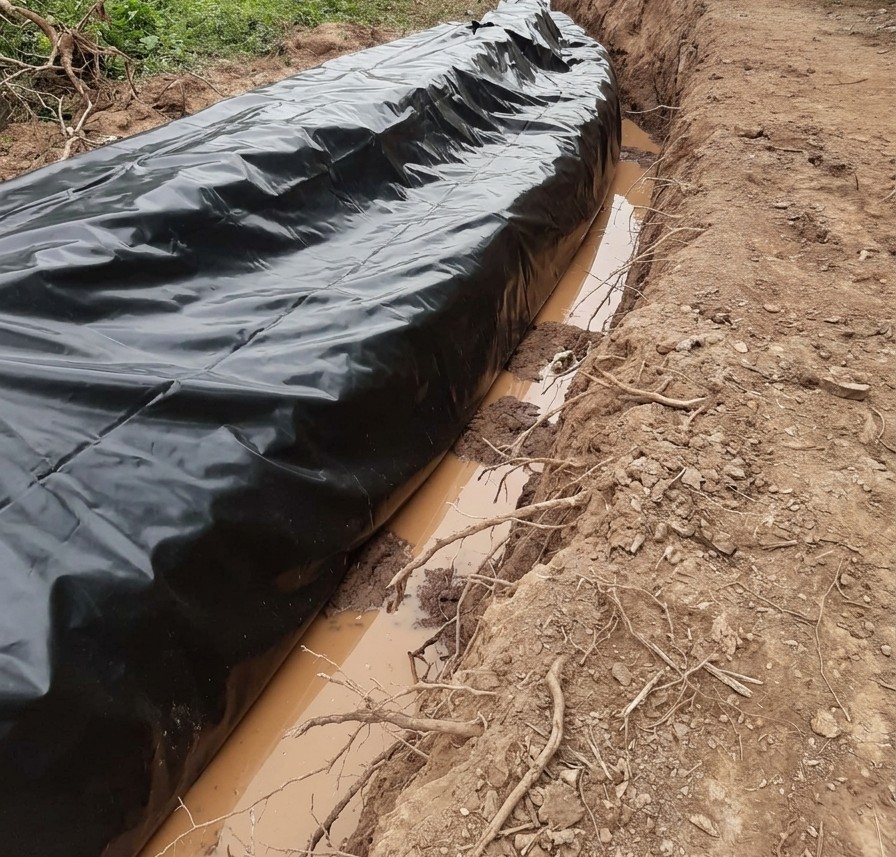 Root barrier membrane installed along a Japanese knotweed boundary