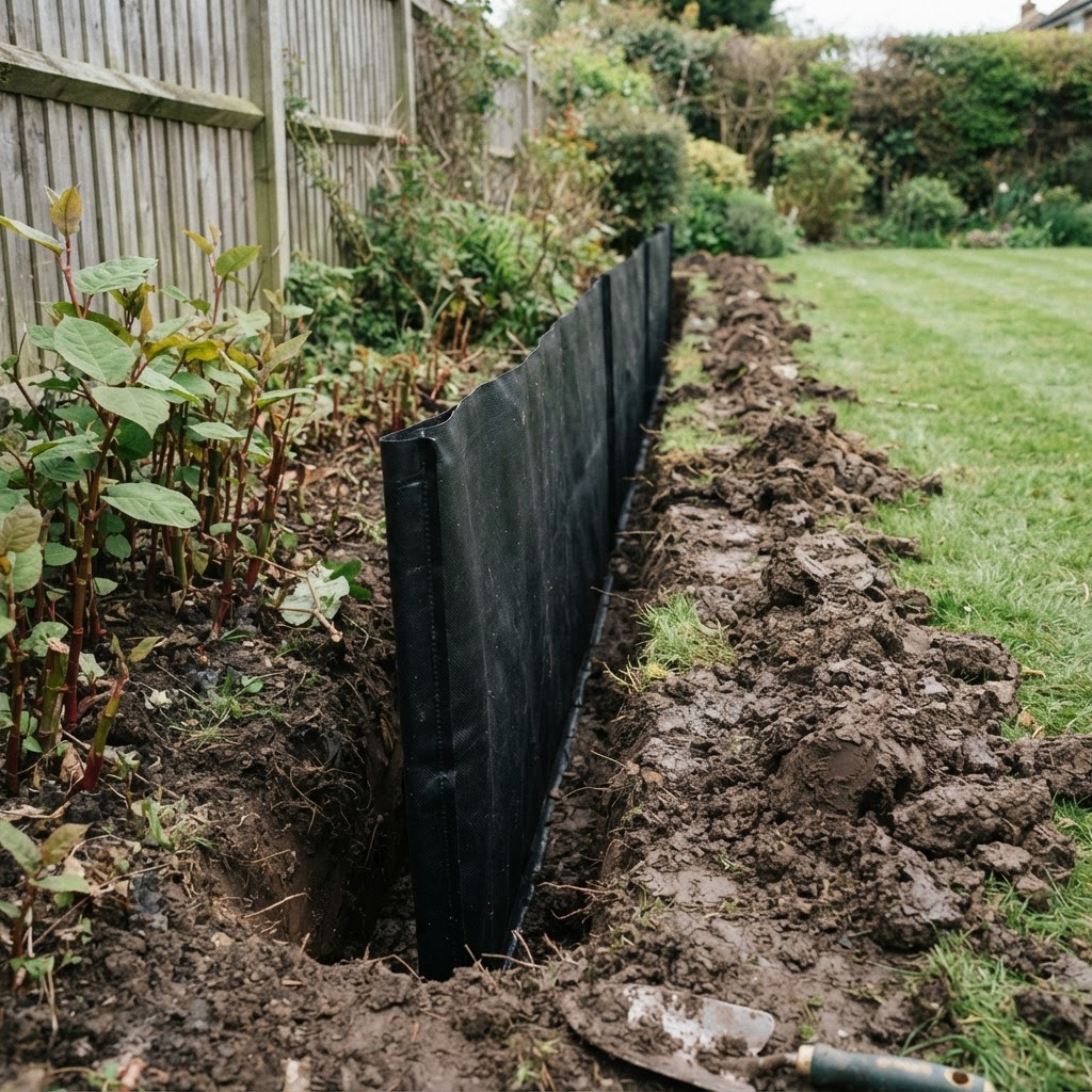 Vertical root barrier membrane installed in a trench along a Japanese knotweed boundary