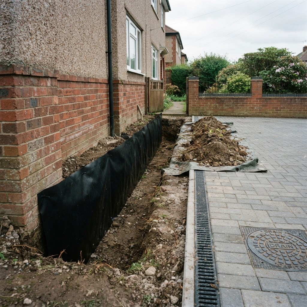 Root barrier installed along a house foundation and driveway edge to protect buried services