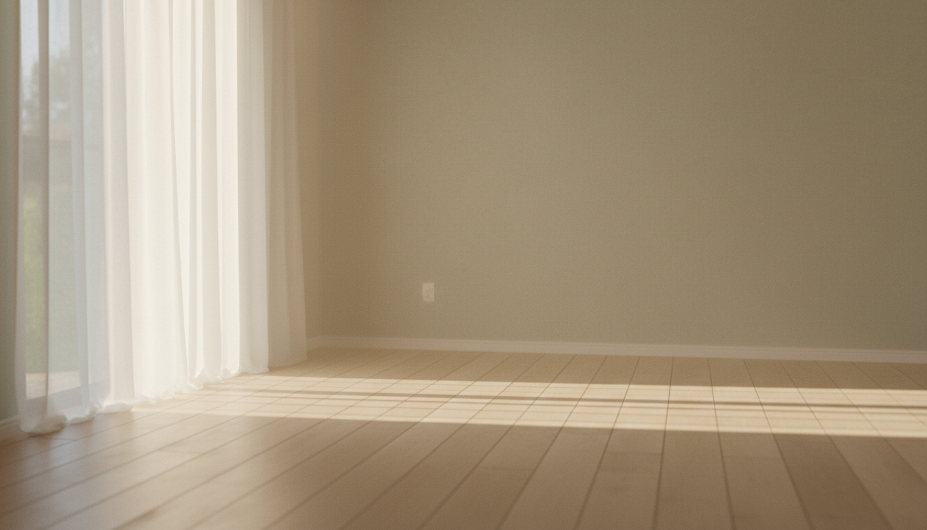 Luz suave da manhã atravessando cortinas de linho, evocando paz e acolhimento