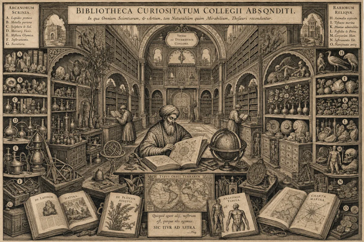 Engraved plate of a cabinet of curiosities: a vaulted library of crystals, shells, instruments and illustrated books gathered by many hands.
