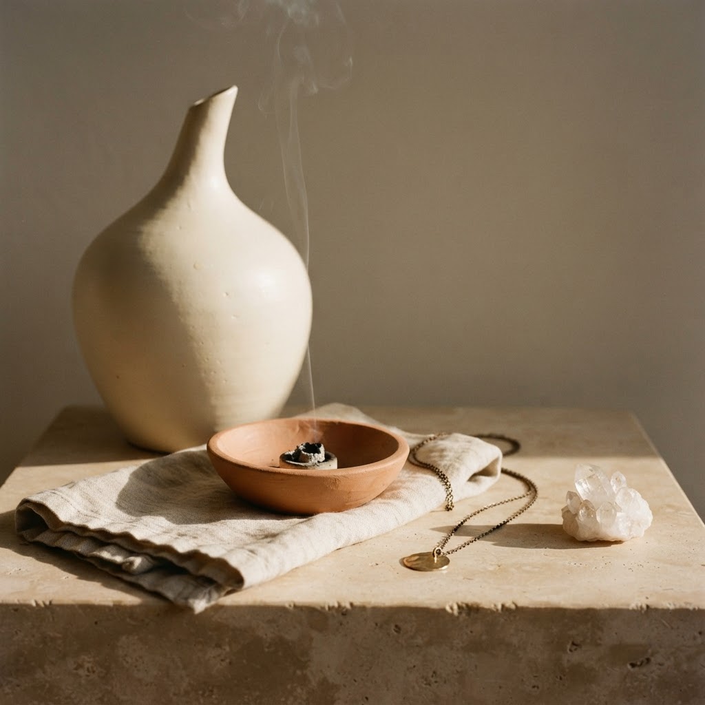 Editorial still life of ceramics, linen, a brass pendant and quartz, illustrating conscious craftsmanship