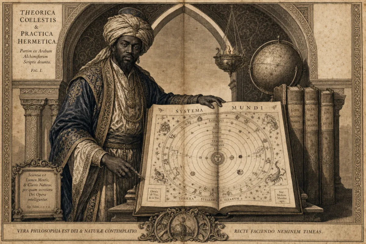 Engraved plate of a Moorish scholar presenting an open celestial atlas, the Systema Mundi, beside a celestial globe and shelved treatises.