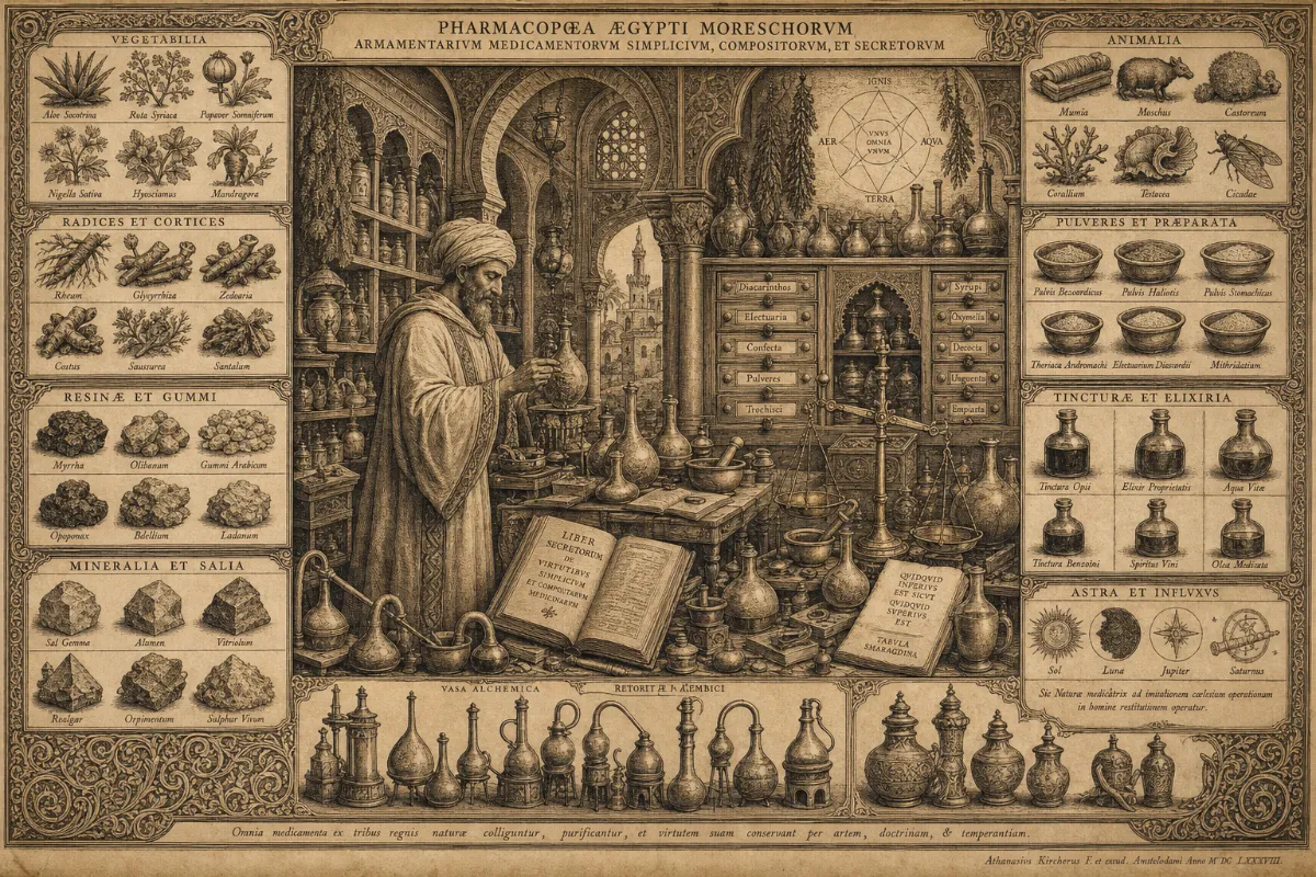 Engraved apothecary plate: a Moorish physician compounding remedies among vessels and labelled drawers, bordered by studies of herbs, resins, minerals and tinctures.