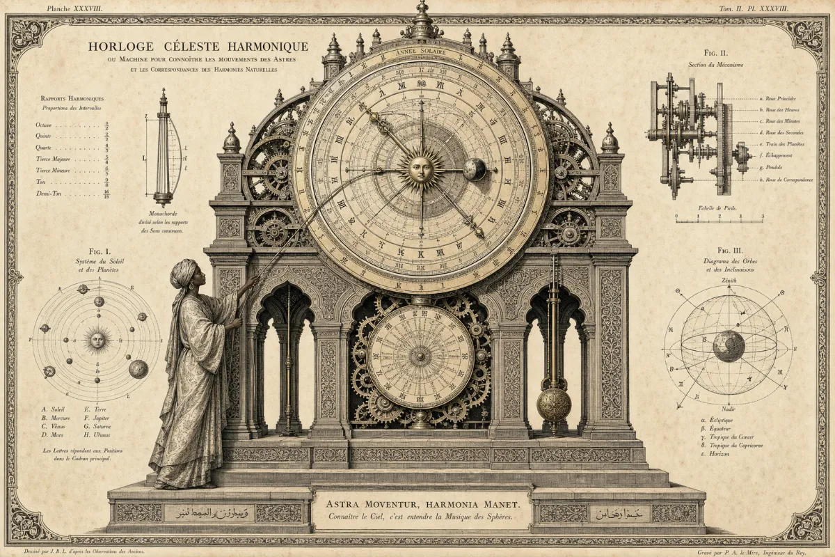 Engraved plate of a scholar setting a great harmonic celestial clock, its zodiac dial flanked by studies of planetary orbits and gear trains.