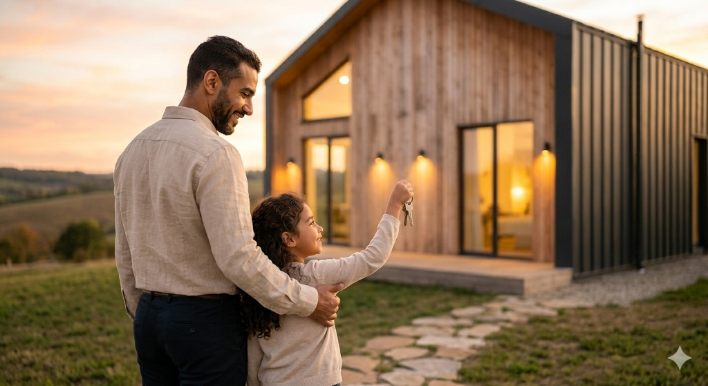 Father and daughter in front of their new home