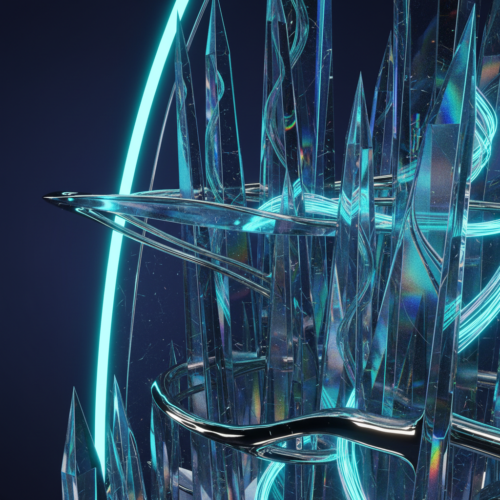 Visualização abstrata 3D de arquitetura de software com prismas de vidro e luz ciano