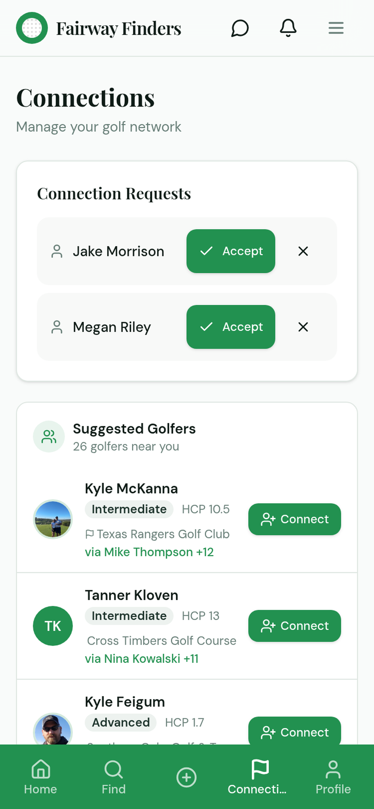 Manage connection requests and suggested golfers
