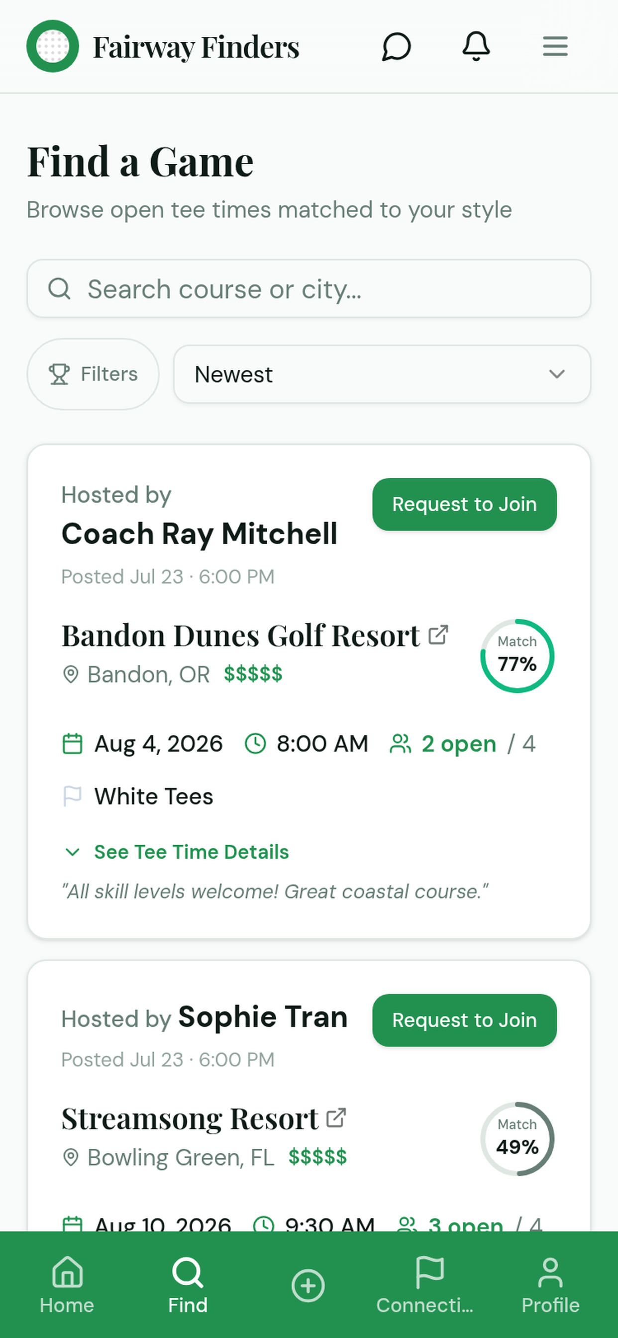 Browse open tee times matched to your style