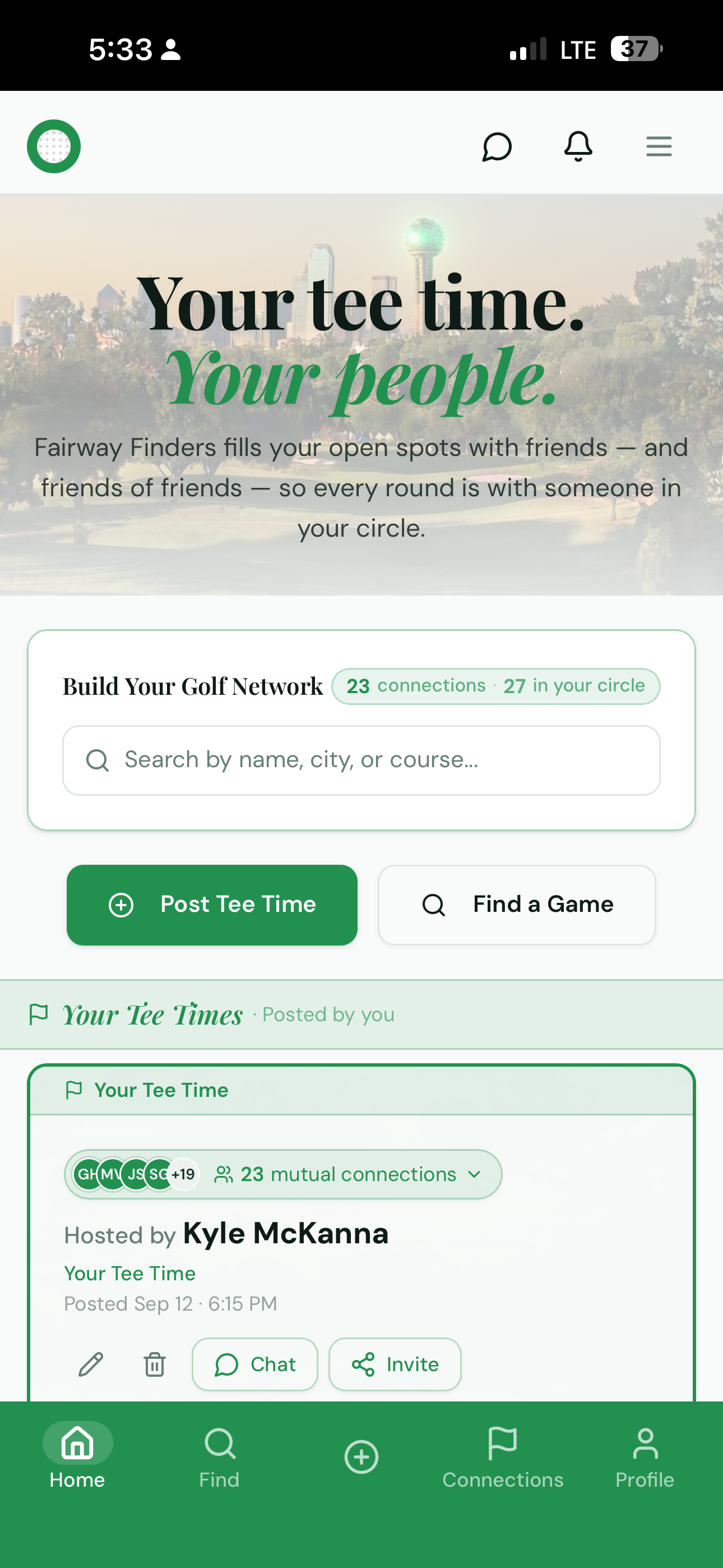 Your golf network and tee times on the Fairway Finders home screen