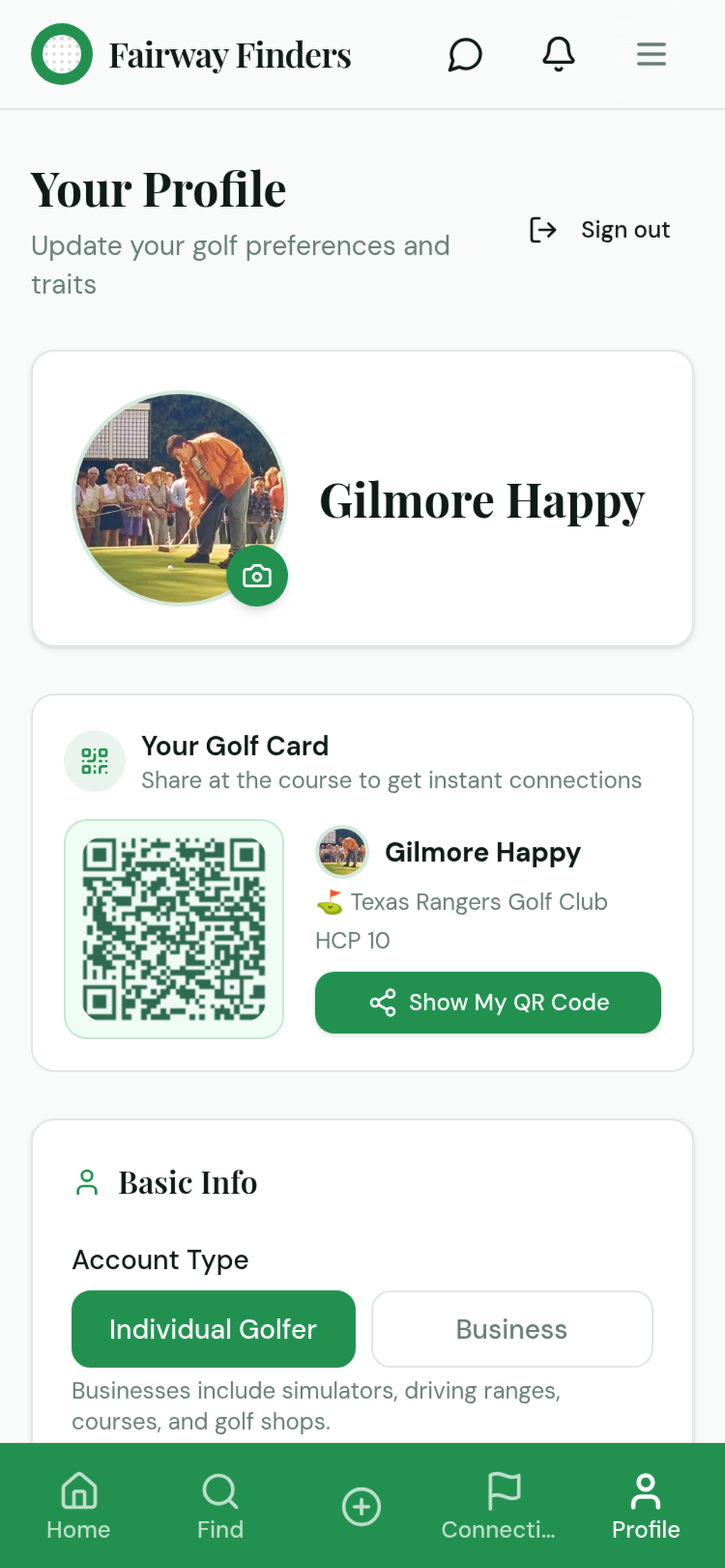Your golf card with a QR code to share at the course