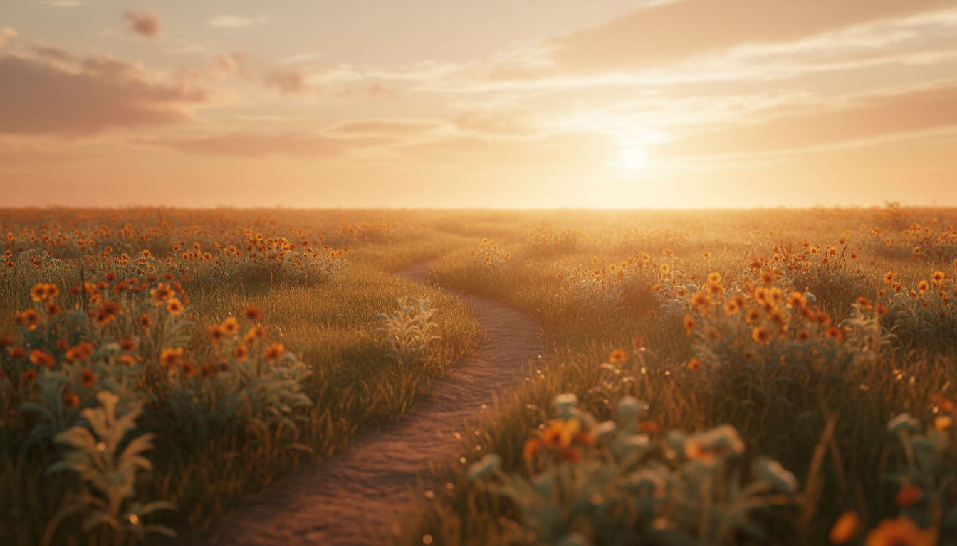 Caminho dourado através de um campo ao pôr do sol representando esperança e novos começos