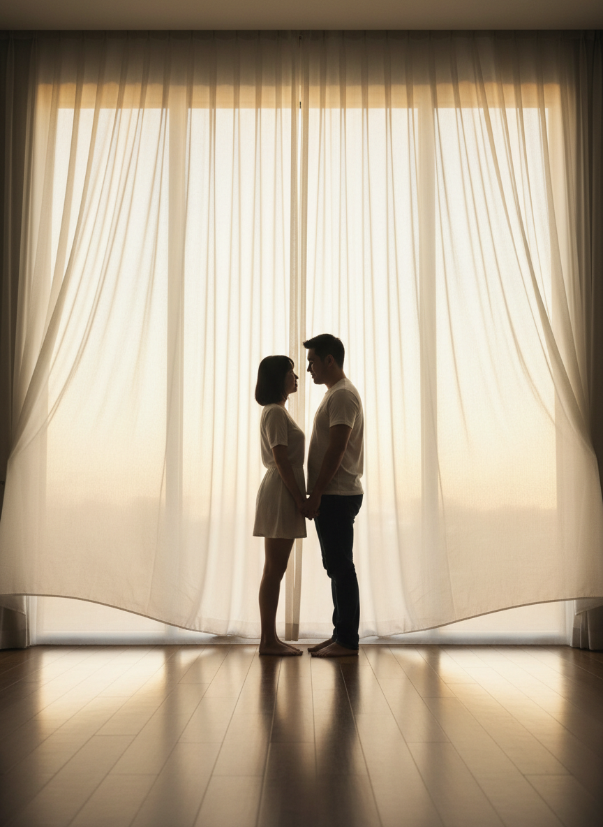 Silhuetas de um casal perto de uma janela com luz suave, representando esperança