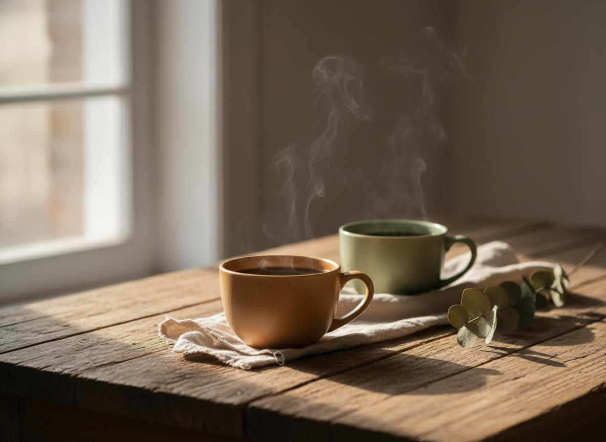 Duas xícaras de café em uma mesa de madeira representando duas perspectivas em uma relação