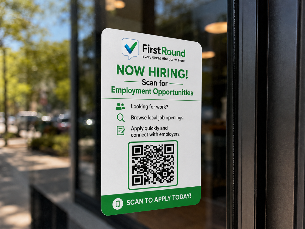 FirstRound NOW HIRING sign on glass door