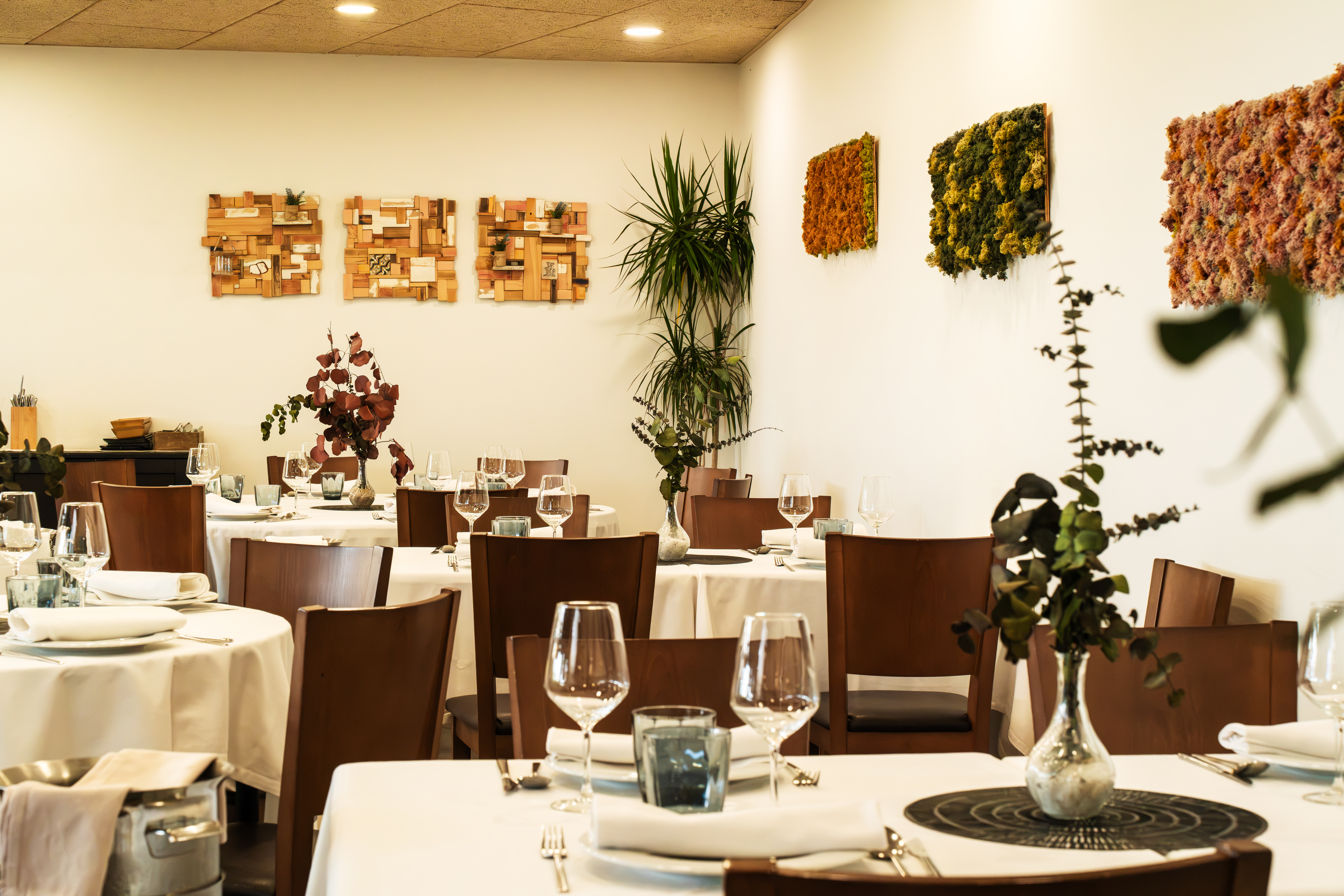 Salón luminoso con arte de musgo y madera